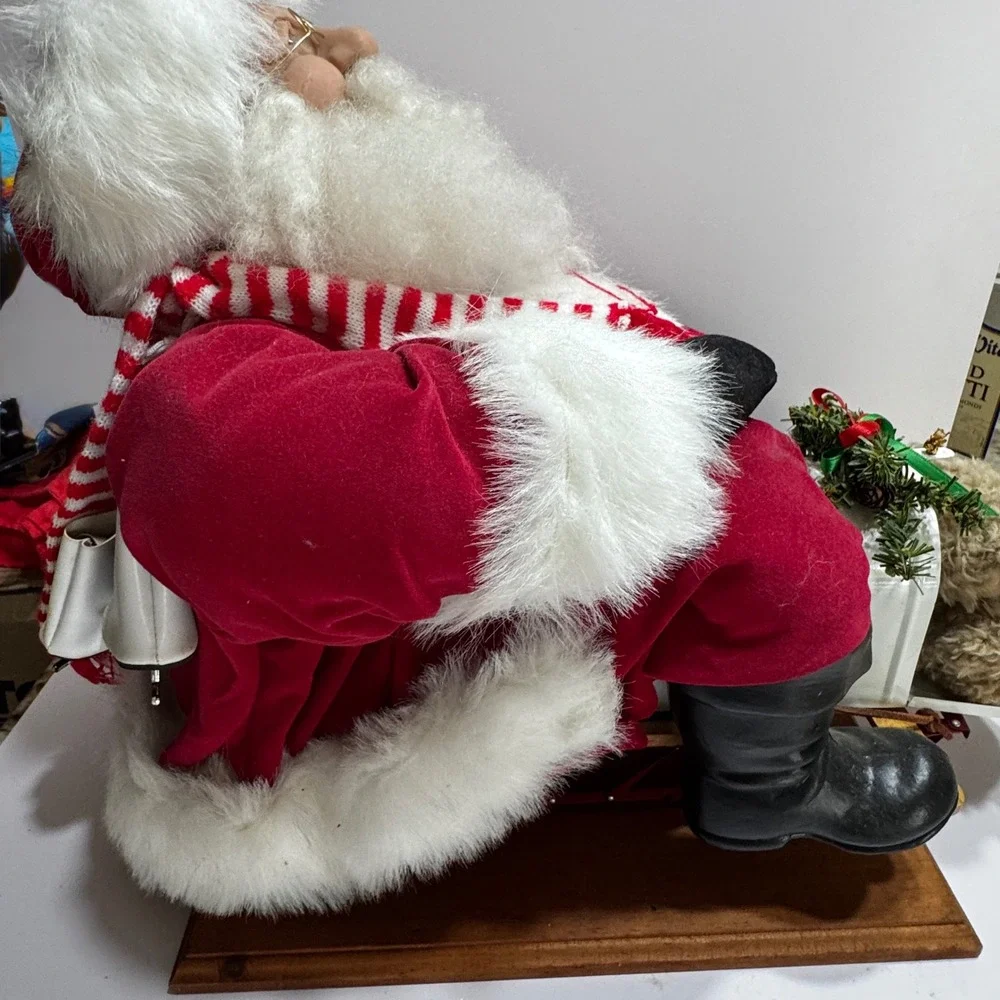 Lynda Hawley Downhill Sledding Santa Figurine Wood Base Large Vtg Puppy Mailbox